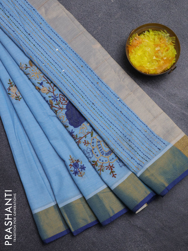 Mul cotton saree light blue and blue with embroidery work buttas and embroidery work pallu & zari woven border