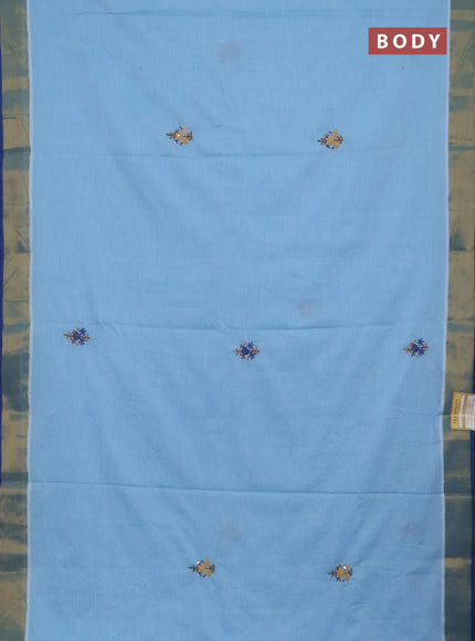 Mul cotton saree light blue and blue with embroidery work buttas and embroidery work pallu & zari woven border