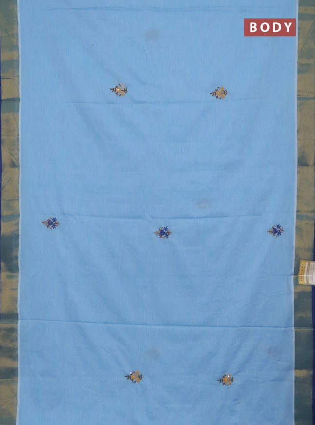 Mul cotton saree light blue and blue with embroidery work buttas and embroidery work pallu & zari woven border
