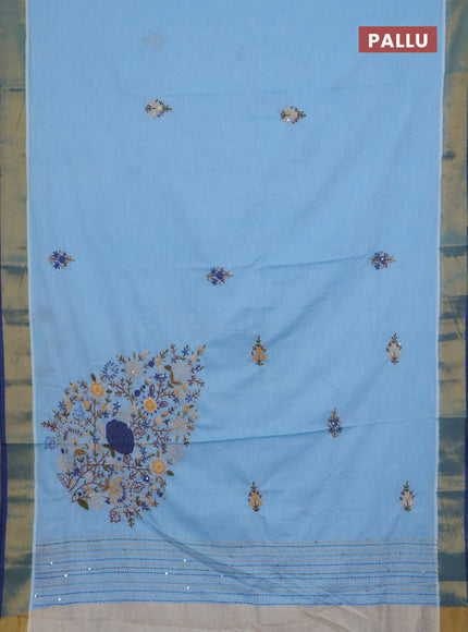 Mul cotton saree light blue and blue with embroidery work buttas and embroidery work pallu & zari woven border