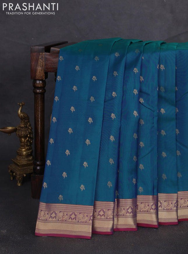 Kanchipuram silk saree peacock blue and wine shade with allover zari woven buttas and zari woven border