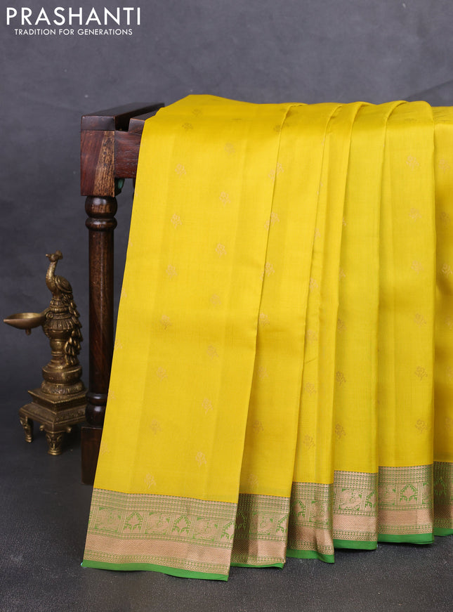 Kanchipuram silk saree lime yellow and green with allover zari woven buttas and zari woven border