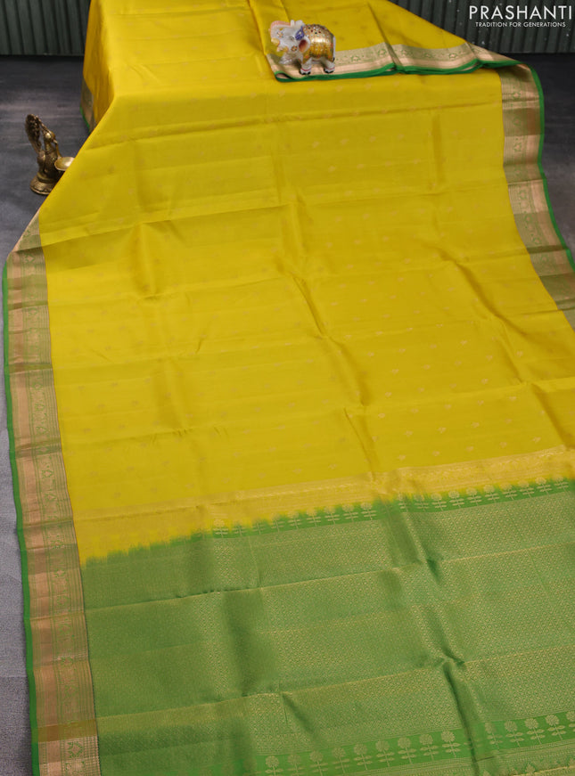 Kanchipuram silk saree lime yellow and green with allover zari woven buttas and zari woven border