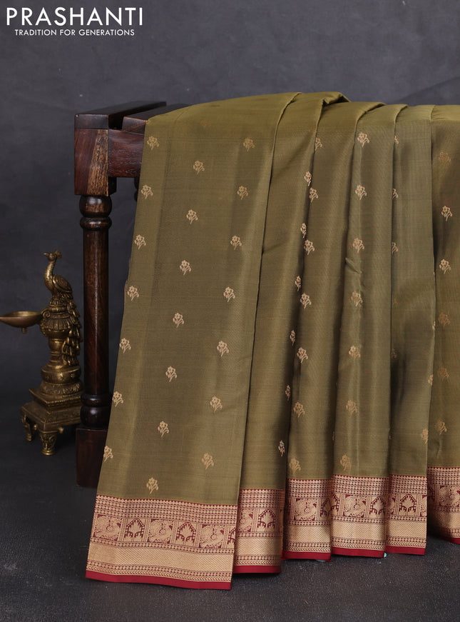 Kanchipuram silk saree mehendi green and maroon with allover zari woven buttas and zari woven border