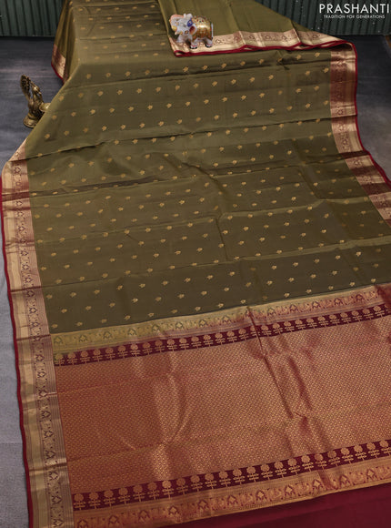 Kanchipuram silk saree mehendi green and maroon with allover zari woven buttas and zari woven border