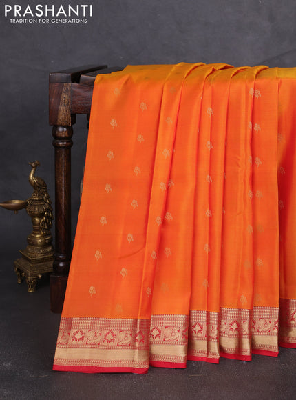 Kanchipuram silk saree orange and red with allover zari woven buttas and zari woven border