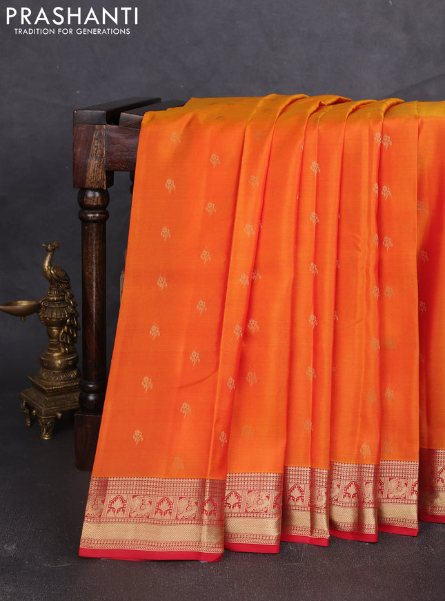 Kanchipuram silk saree orange and red with allover zari woven buttas and zari woven border