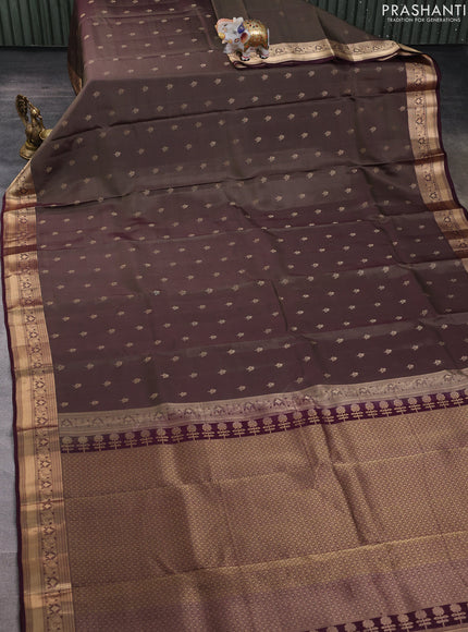 Kanchipuram silk saree oliver green shade and deep wine shade with allover zari woven buttas and zari woven border