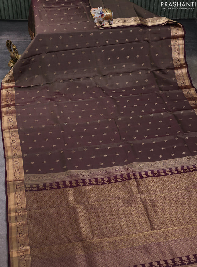 Kanchipuram silk saree oliver green shade and deep wine shade with allover zari woven buttas and zari woven border