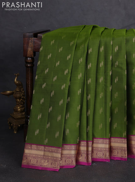 Kanchipuram silk saree sap green and magenta pink with allover zari woven buttas and zari woven border