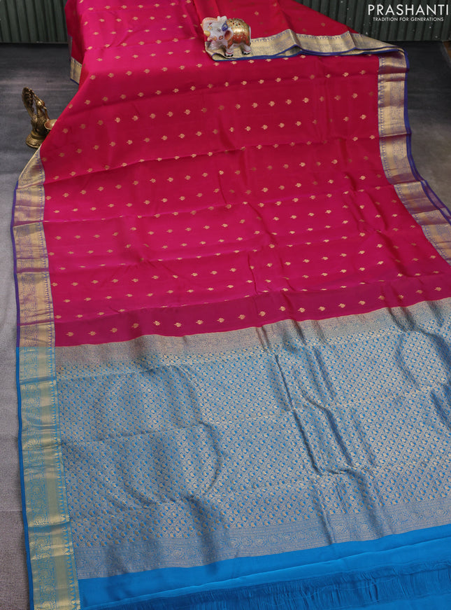 Kanchipuram silk saree dark pink and teal blue with allover zari woven buttas and zari woven border