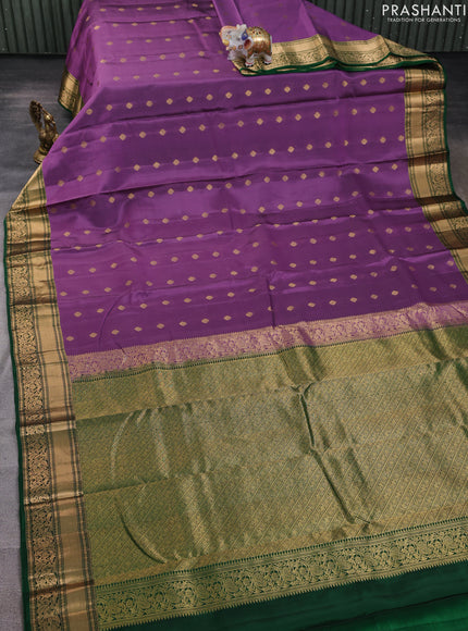 Kanchipuram silk saree purple shade and green with allover zari woven buttas and rich zari woven border