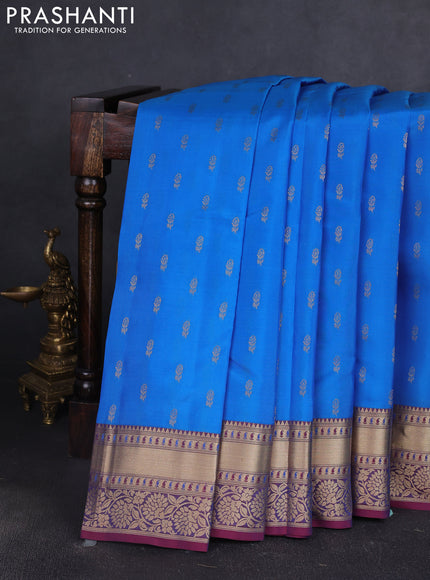 Kanchipuram silk saree cs blue and dual shade of red with allover zari woven buttas and rich zari woven border