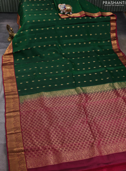 Kanchipuram silk saree bottle green and wine shade with allover zari woven buttas and zari woven border