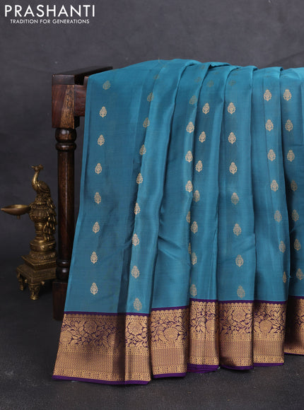 Kanchipuram silk saree bluish grey and violet with allover zari woven buttas and zari woven border