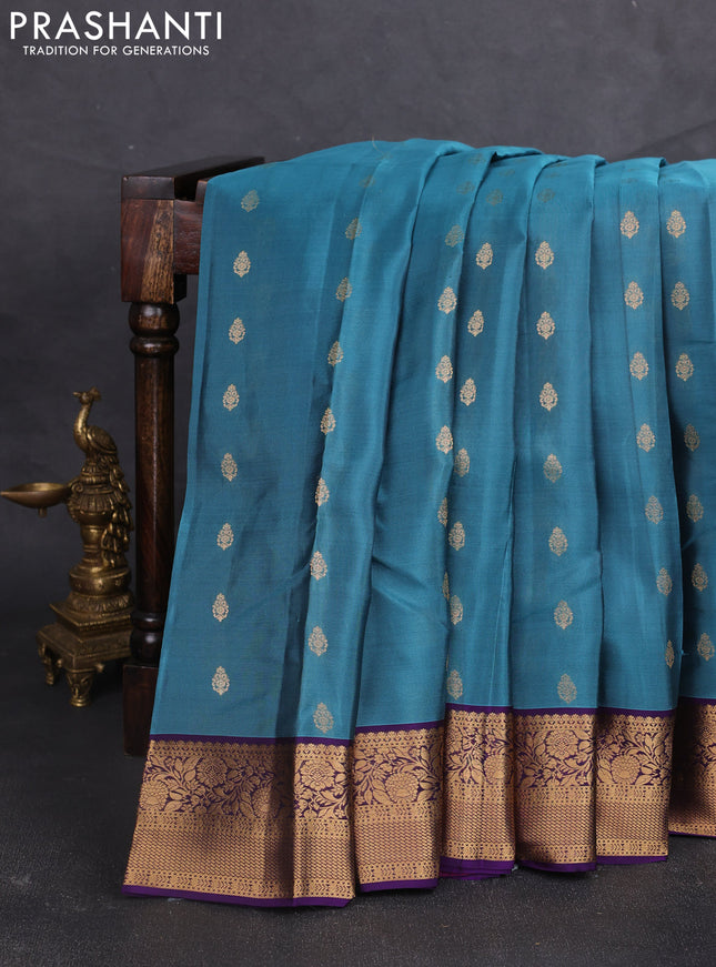 Kanchipuram silk saree bluish grey and violet with allover zari woven buttas and zari woven border