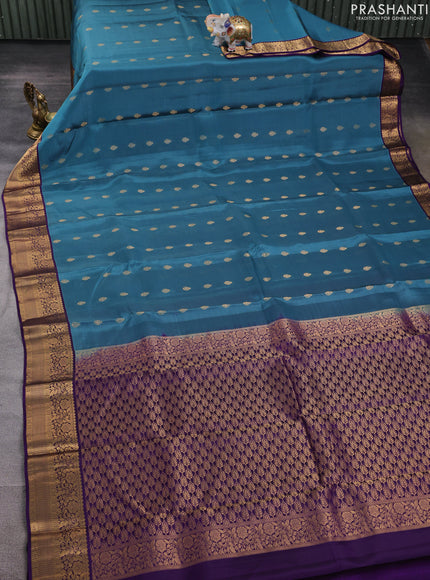 Kanchipuram silk saree bluish grey and violet with allover zari woven buttas and zari woven border
