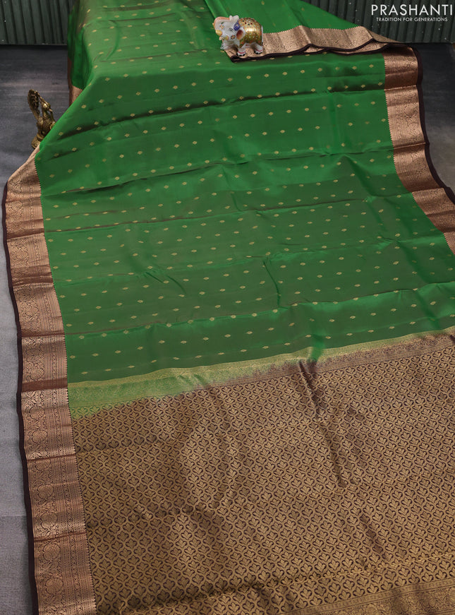 Kanchipuram silk saree light green and coffee brown with allover zari woven buttas and zari woven border