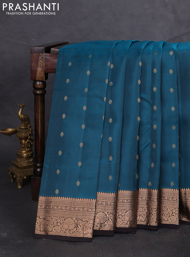 Kanchipuram silk saree peacock green and coffee brown with allover zari woven buttas and zari woven border
