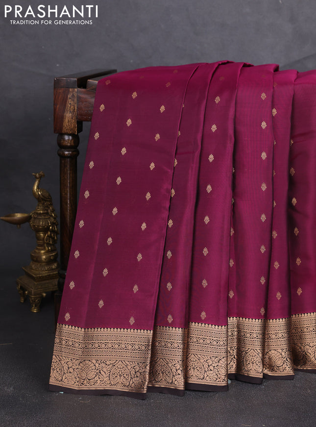 Kanchipuram silk saree wine shade and coffee brown with allover zari woven buttas and zari woven border