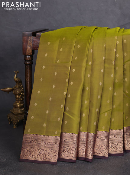 Kanchipuram silk saree mehendi green and coffee brown with allover zari woven buttas and zari woven border
