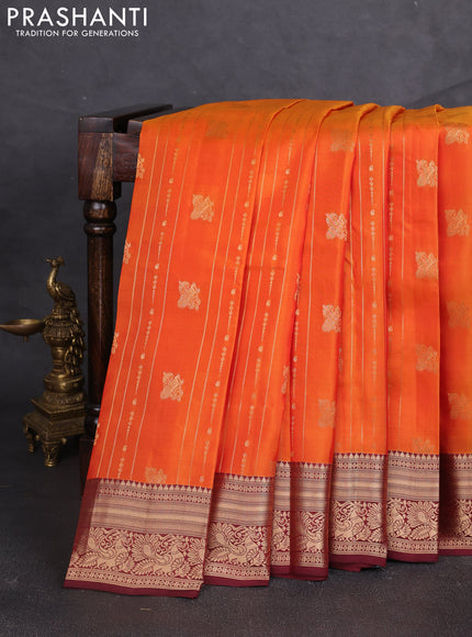 Kanchipuram silk saree orange and maroon with allover zari weaves & buttas and zari woven border