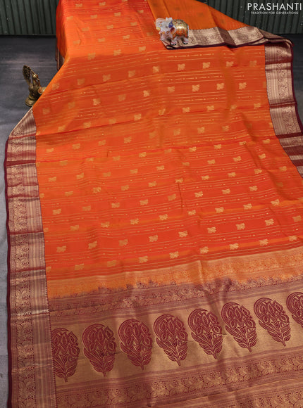 Kanchipuram silk saree orange and maroon with allover zari weaves & buttas and zari woven border