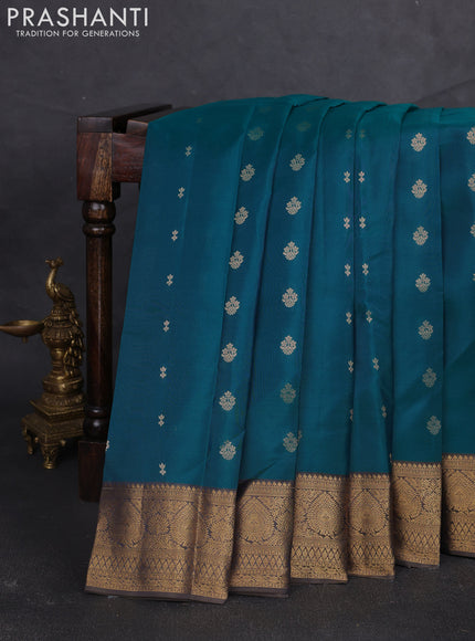 Kanchipuram silk saree teal green and olive green with allover zari woven buttas and zari woven border
