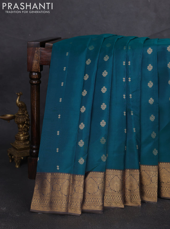 Kanchipuram silk saree teal green and olive green with allover zari woven buttas and zari woven border
