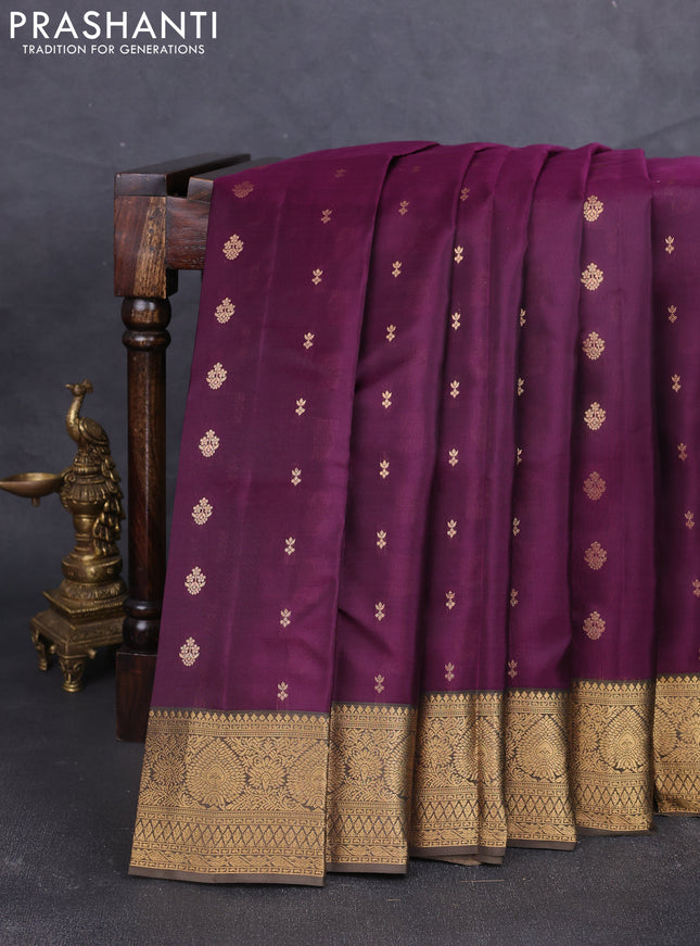 Kanchipuram silk saree deep purple and olive green with allover zari woven buttas and zari woven border