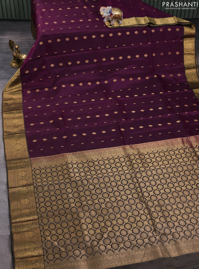 Kanchipuram silk saree deep purple and olive green with allover zari woven buttas and zari woven border