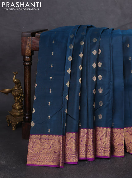 Kanchipuram silk saree peacock green and purple with allover zari woven buttas and zari woven border