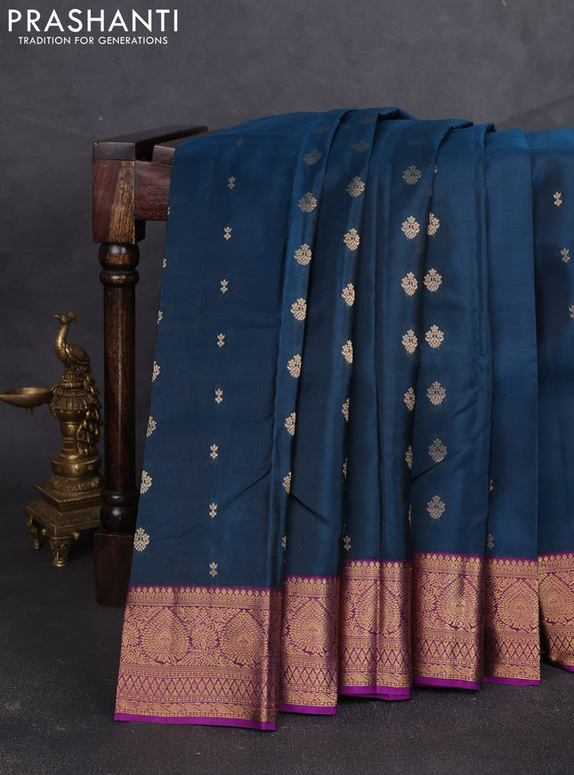 Kanchipuram silk saree peacock green and purple with allover zari woven buttas and zari woven border
