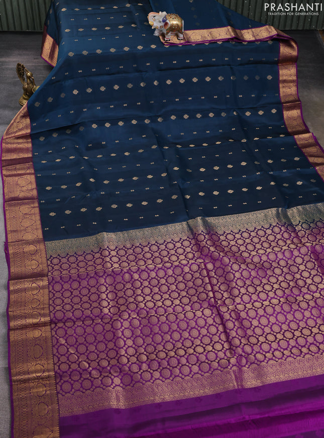Kanchipuram silk saree peacock green and purple with allover zari woven buttas and zari woven border