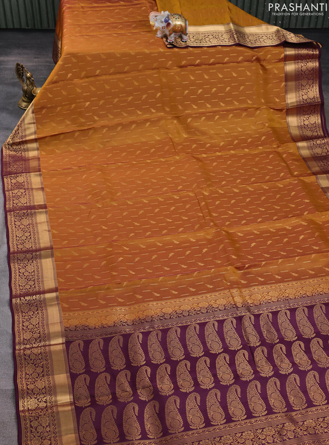 Kanchipuram silk saree dark mustard and wine shade with allover zari woven buttas and zari woven border