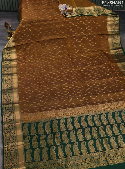 Kanchipuram silk saree dark mustard and green with allover zari woven buttas and zari woven border