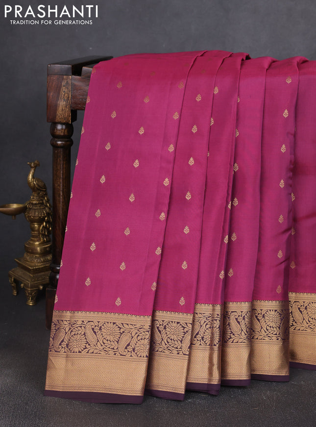 Kanchipuram silk saree magenta pink and coffee brown with allover zari woven buttas and zari woven border