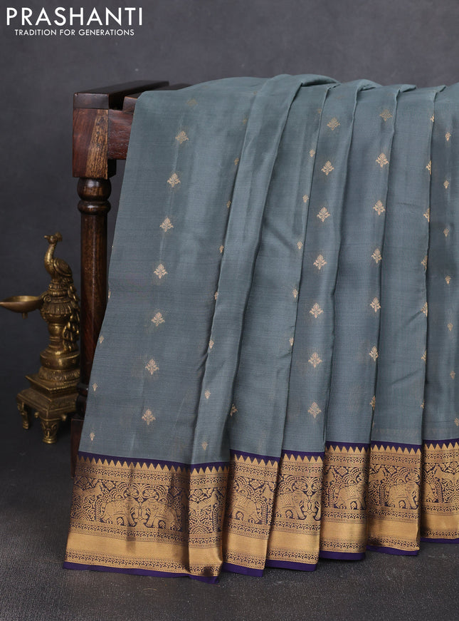 Kanchipuram silk saree greyish blue and navy blue with allover zari woven buttas and zari woven border