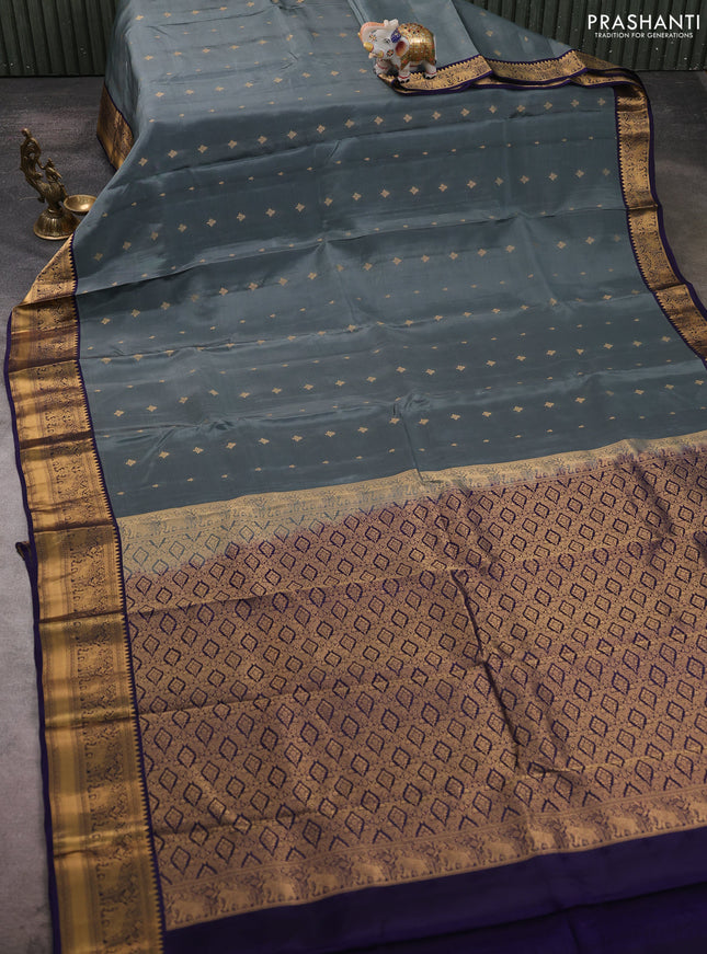 Kanchipuram silk saree greyish blue and navy blue with allover zari woven buttas and zari woven border