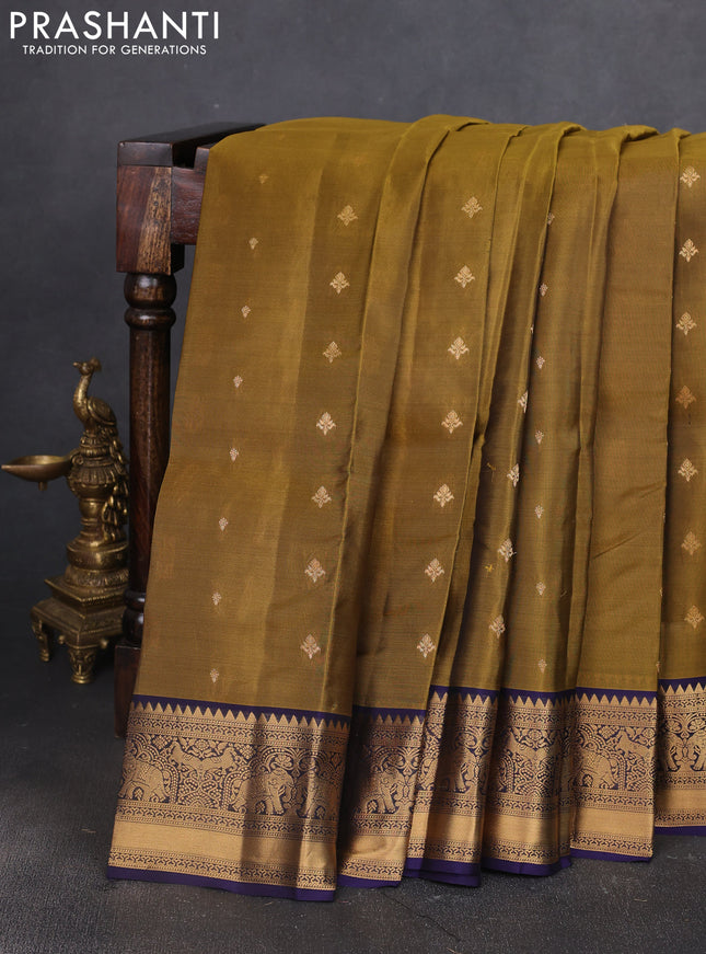 Kanchipuram silk saree mehendi green and navy blue with allover zari woven buttas and zari woven border