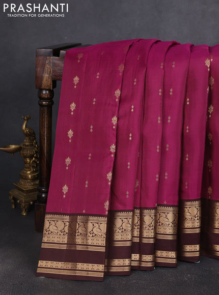 Kanchipuram silk saree wine shade and coffee brown with allover zari woven buttas and rettapet zari woven border