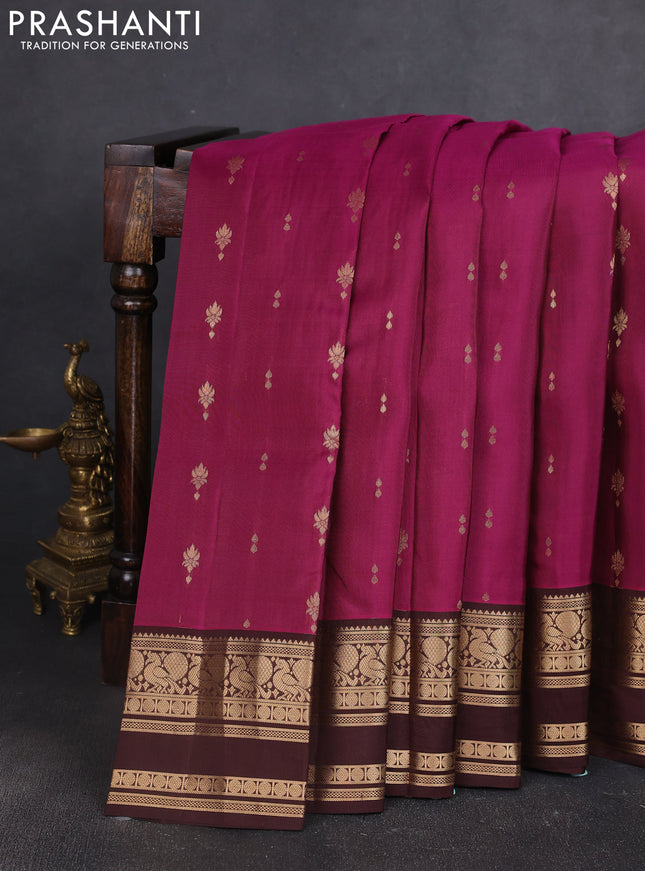 Kanchipuram silk saree wine shade and coffee brown with allover zari woven buttas and rettapet zari woven border