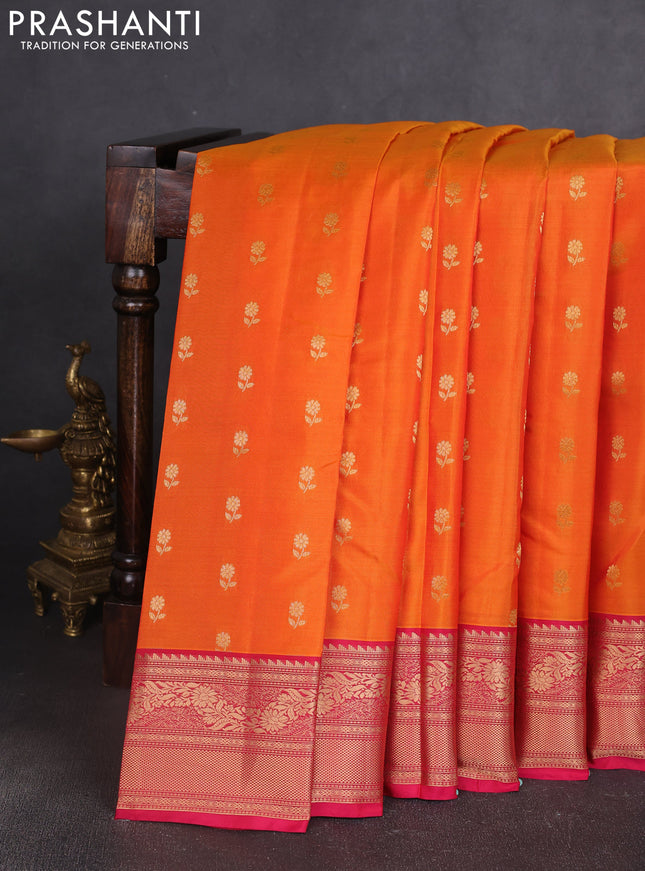 Kanchipuram silk saree orange and pink with allover zari woven buttas and zari woven border