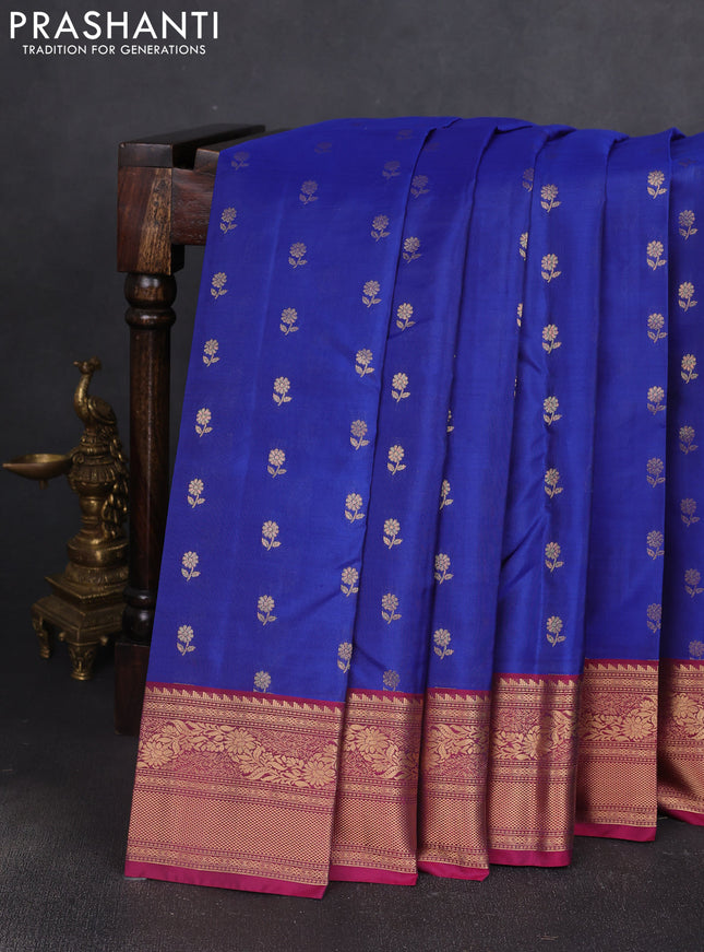 Kanchipuram silk saree blue and wine shade with allover zari woven buttas and zari woven border