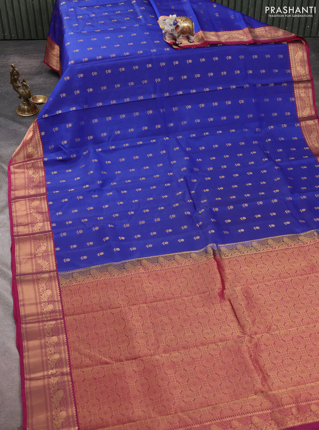 Kanchipuram silk saree blue and wine shade with allover zari woven buttas and zari woven border