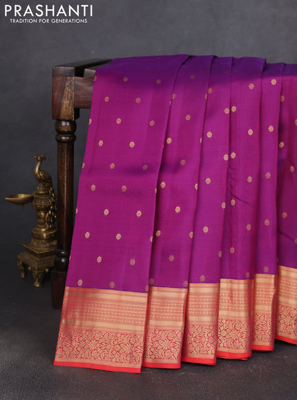 Kanchipuram silk saree deep purple and red with allover zari woven buttas and zari woven border