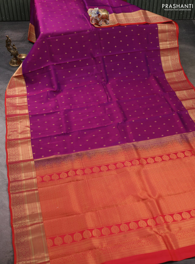 Kanchipuram silk saree deep purple and red with allover zari woven buttas and zari woven border