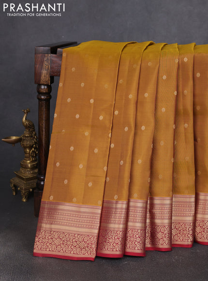 Kanchipuram silk saree dark mustard and maroon with allover zari woven buttas and zari woven border