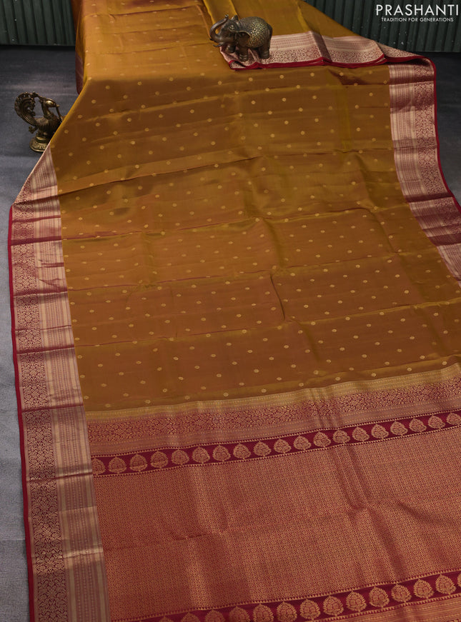 Kanchipuram silk saree dark mustard and maroon with allover zari woven buttas and zari woven border