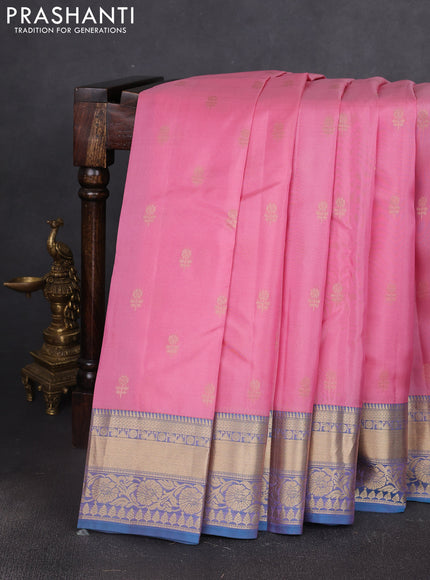 Kanchipuram silk saree light pink and teal blue with allover zari woven buttas and zari woven border